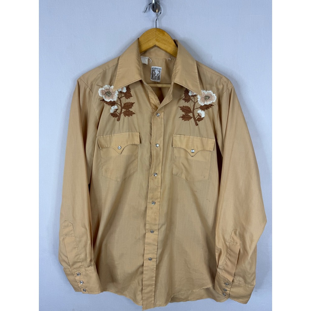 Vintage Karman Western Shirt Tan Floral Embroidered Pearl Snap Cowboy Mens